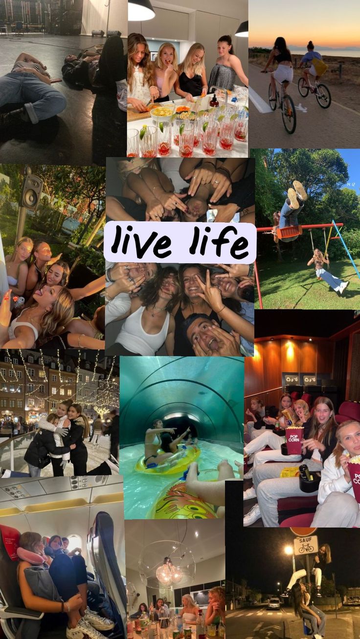 a collage of photos with people and bikes in the background that says live life