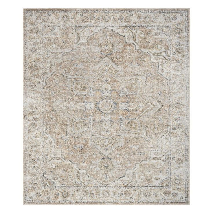 an antique style rug in beige and grey tones