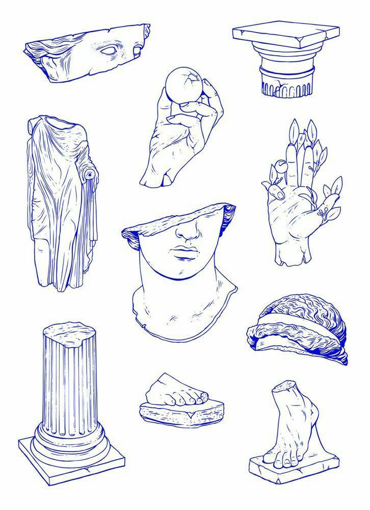 an image of various objects drawn in blue ink on white paper, including hats and gloves