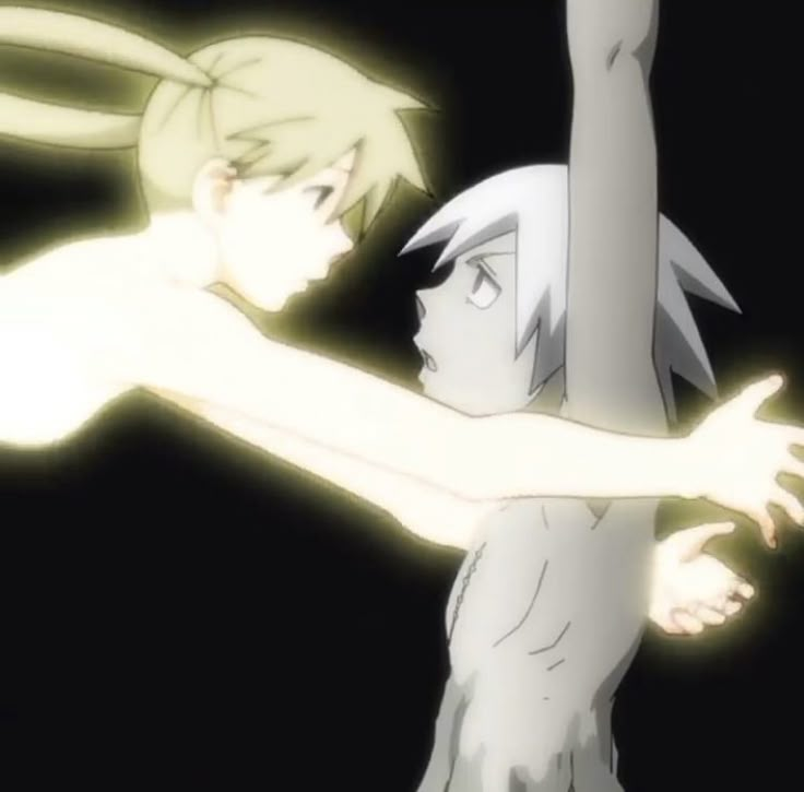 two anime characters are touching each other with their arms