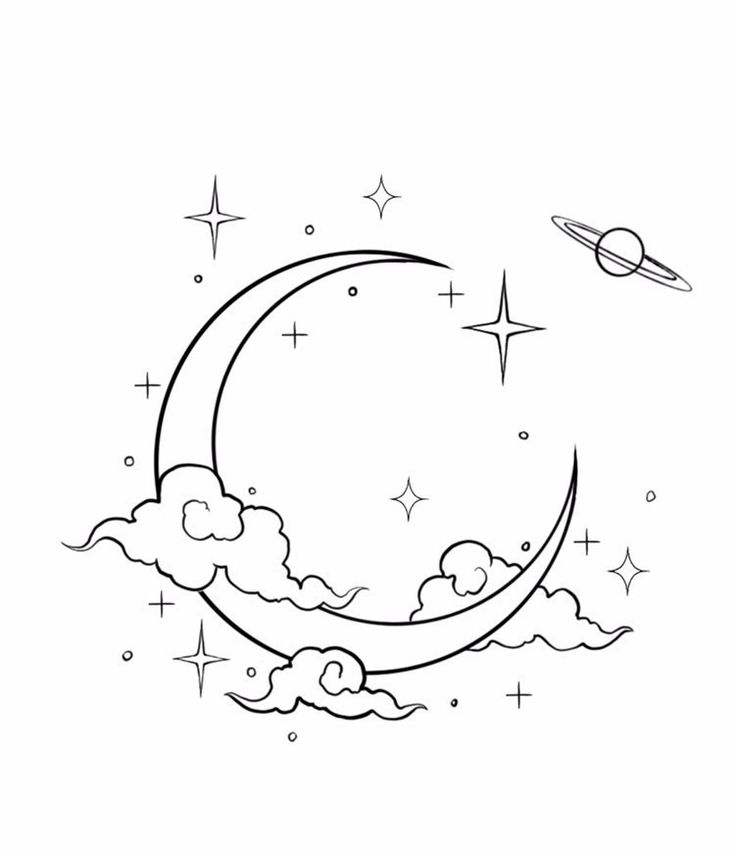 a drawing of the moon with stars and clouds