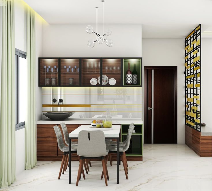 a dining room and kitchen are shown in this 3d renderer image with white marble flooring