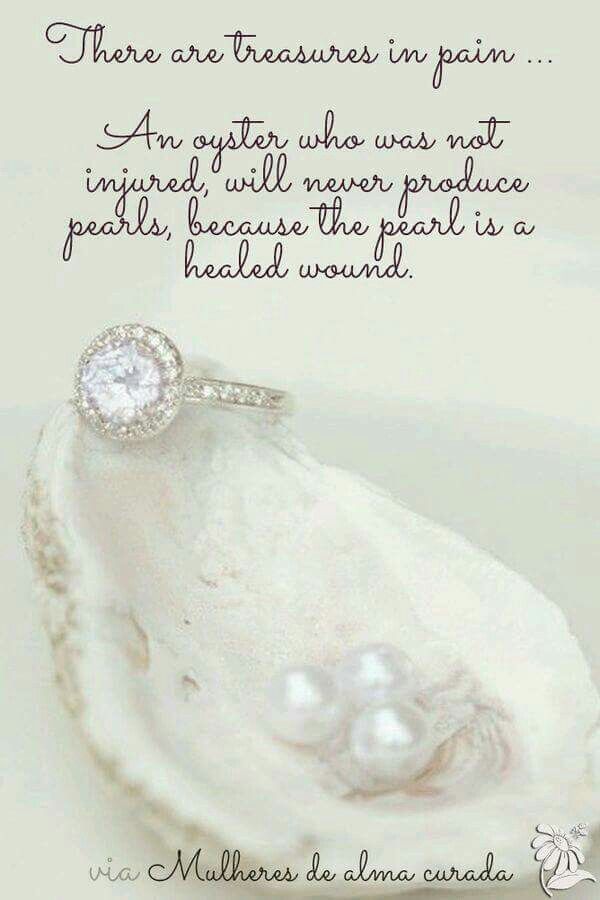 a close up of a ring on top of a shell with a quote about pearls