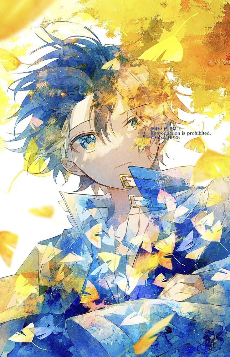 an anime character with blue eyes and yellow leaves on his head, looking at the camera