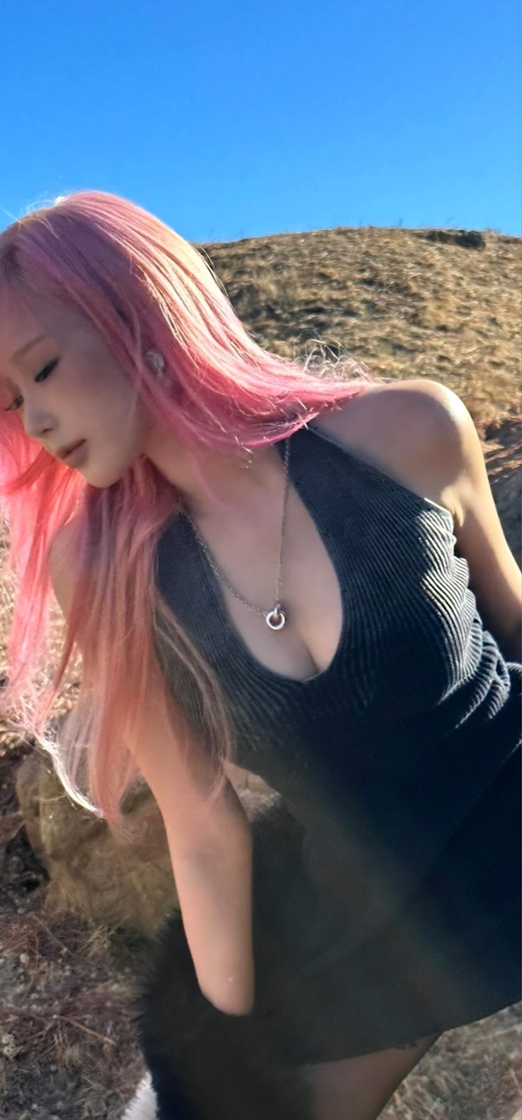 a woman with pink hair is posing for a photo in front of some rocks and grass