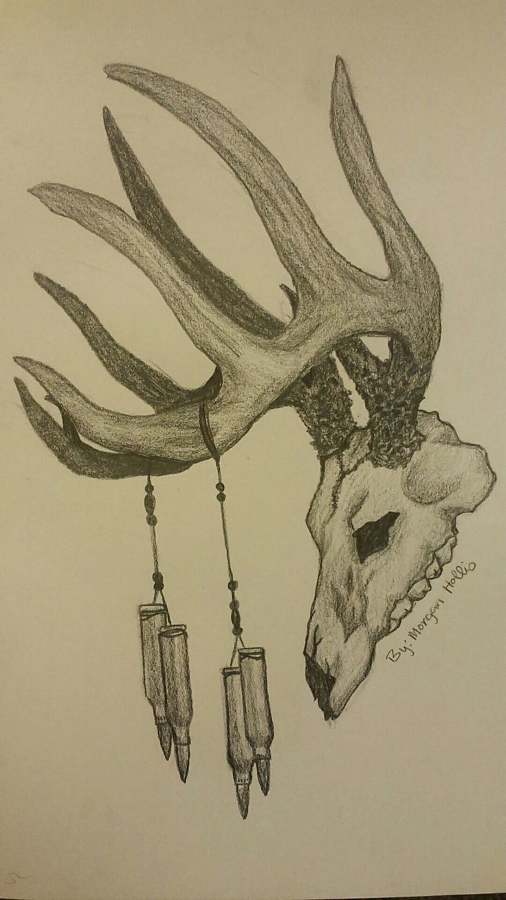 a drawing of a deer's head with long horns and dangling bead earrings