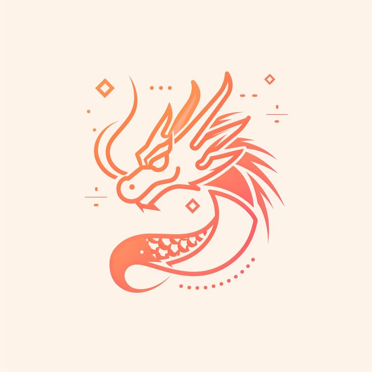 an orange and red dragon head on a white background with geometric shapes in the middle