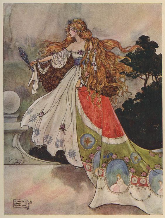 an illustration of a woman with long hair in a dress holding a bird on her shoulder