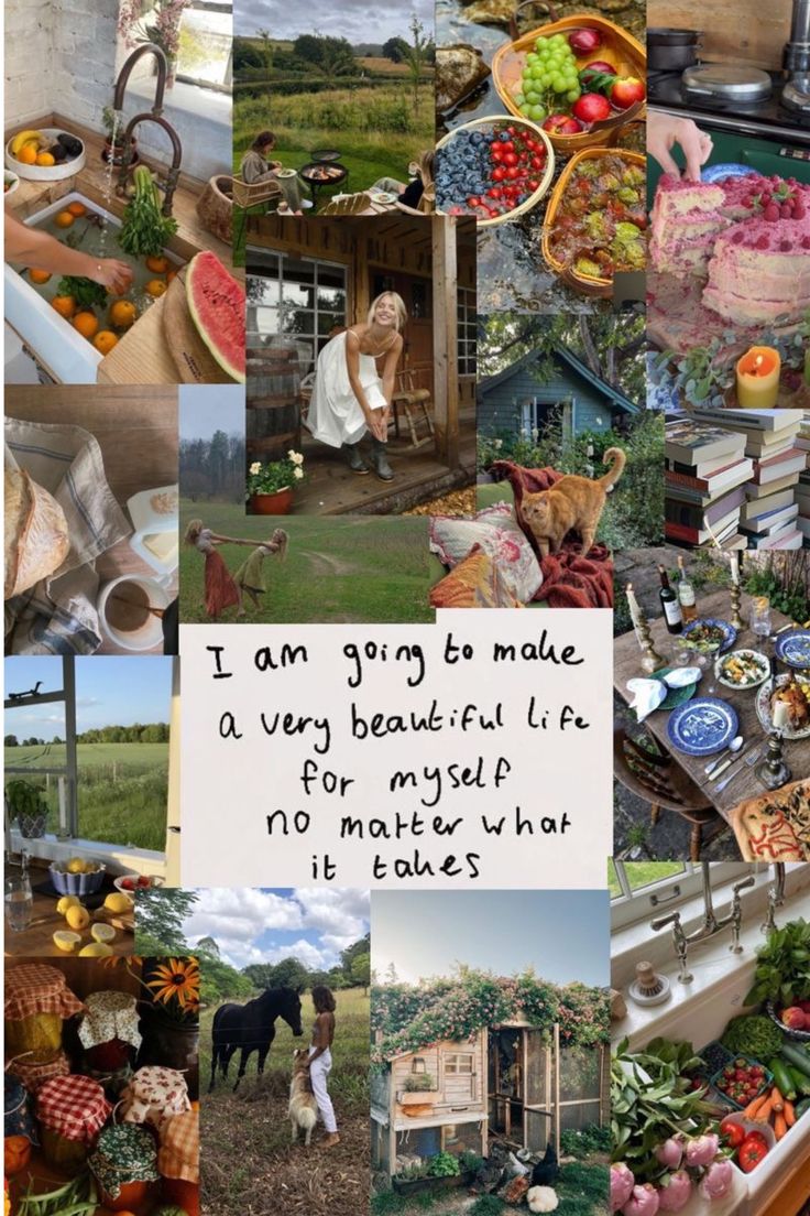 a collage of pictures with food and words written on the bottom right corner, including an image of a woman surrounded by fruits and vegetables