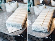 two pictures of the same table cloth folded on top of each other, with one folded in half