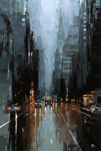 an oil painting of a city street at night