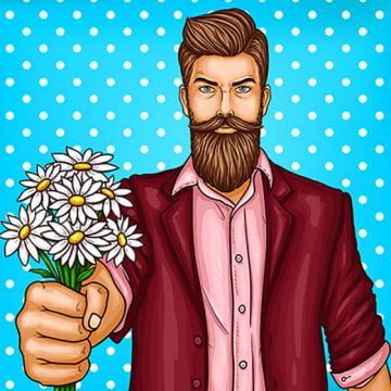 a man with a beard holding a bouquet of daisies in his hand - people characters