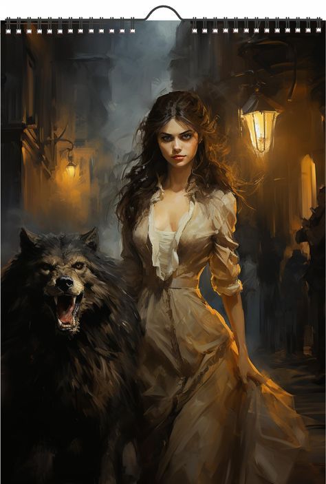 a painting of a woman and a dog in front of a street light at night