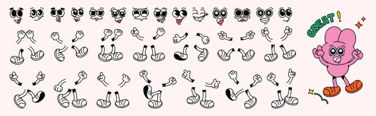 an animated cartoon character with many different facial expressions and gestures, including the letter o