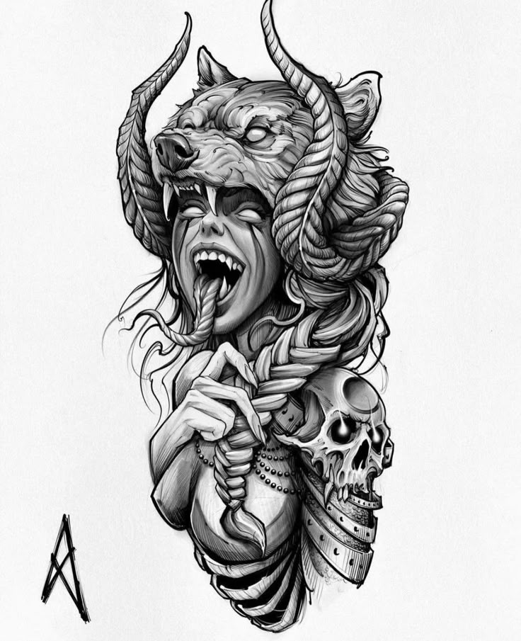 a drawing of a demon holding a skull with horns on it's head and the letter