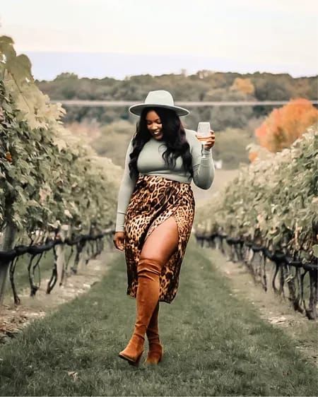 Fall Outfits Thanksgiving Dinner, Hats For Fall Women, Winter Dresses And Boots, Winery Tasting Outfit, Winery Outfit Bachelorette Party, Over The Knee Boots Plus Size, Knee Boots And Dress Outfit, Over-the-knee Boots, Black Women Winery Outfits