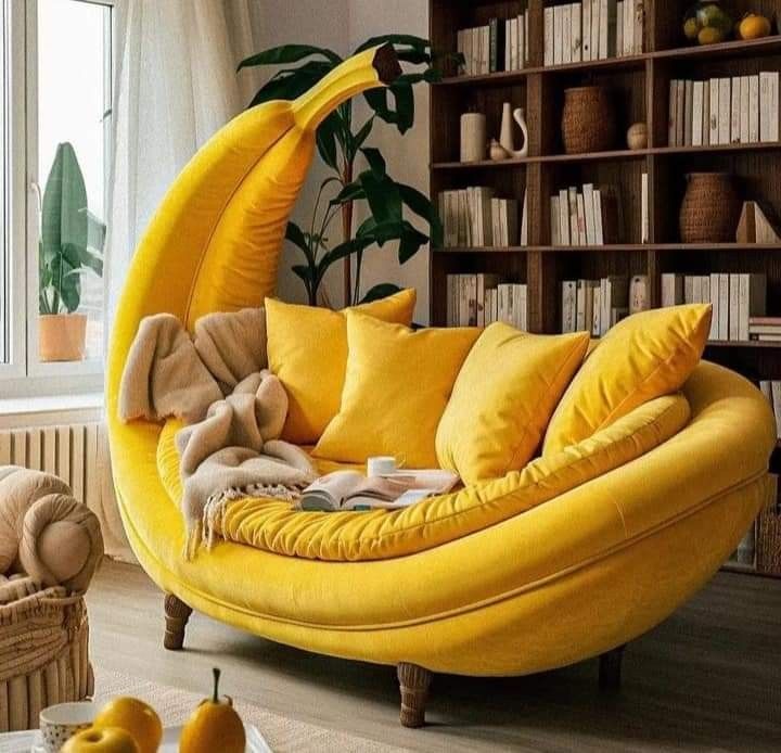 a living room filled with yellow furniture and lots of books on the shelves next to a window