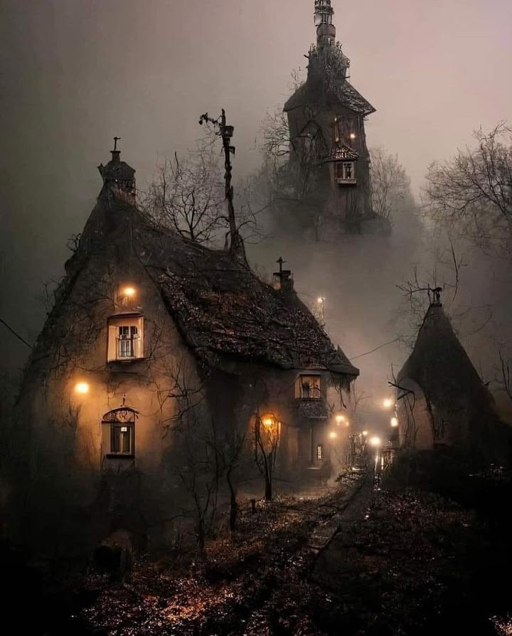 an old house with lights on in the fog