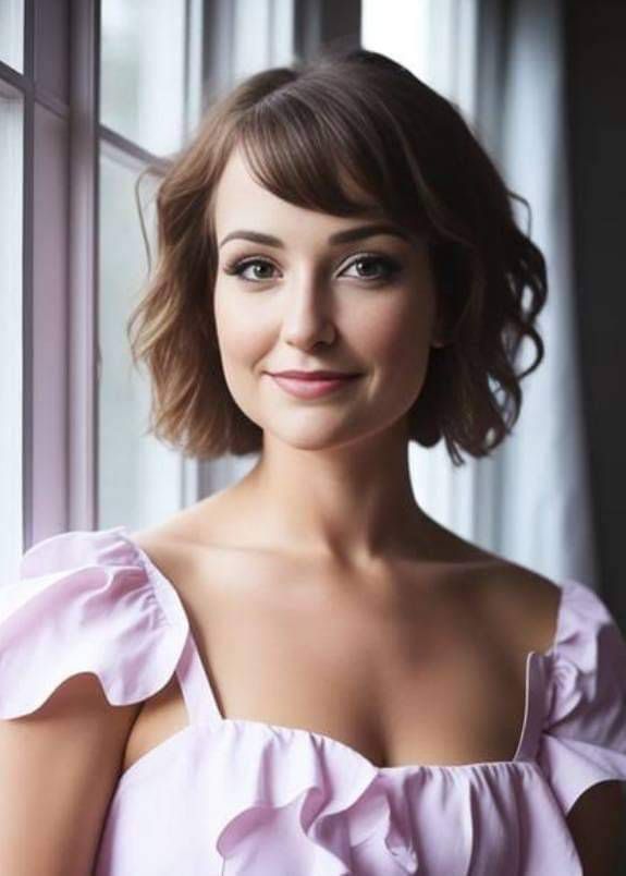 a woman with short hair wearing a pink dress and smiling at the camera while standing in front of a window