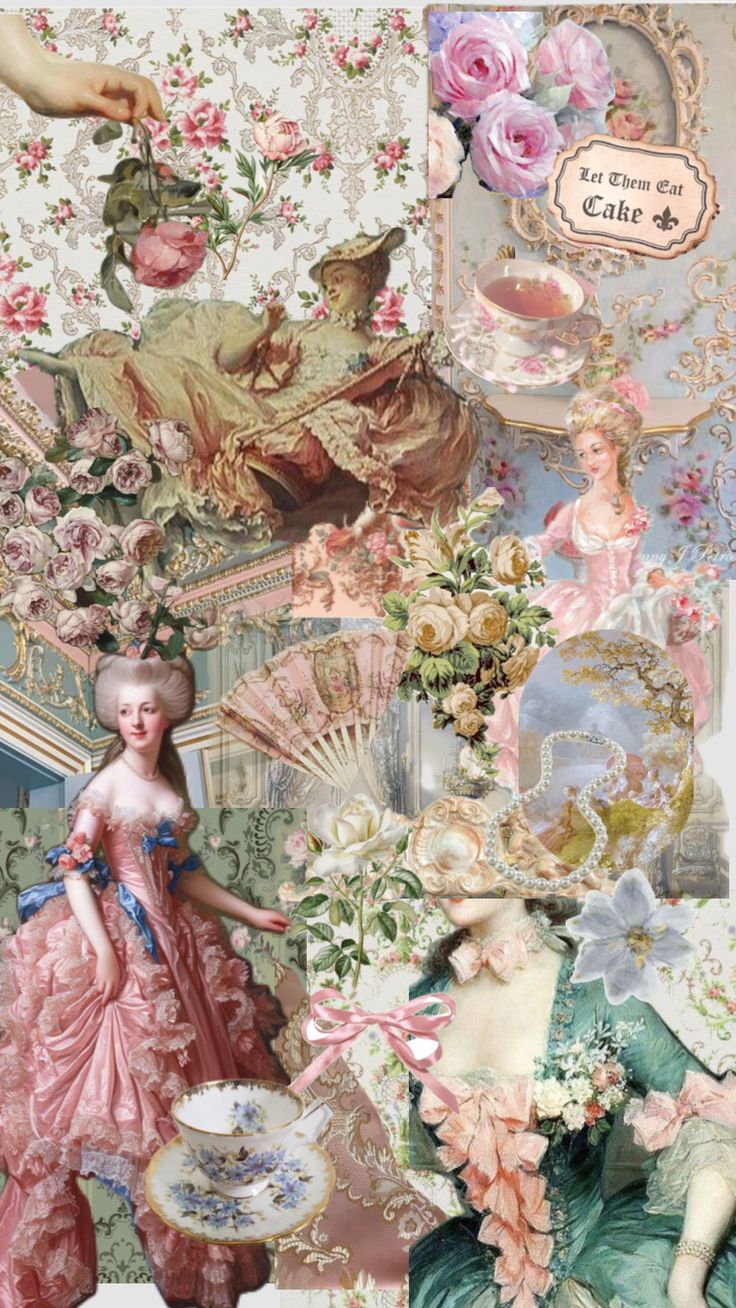 a collage of pink and blue images with women in fancy dresses, flowers and other things