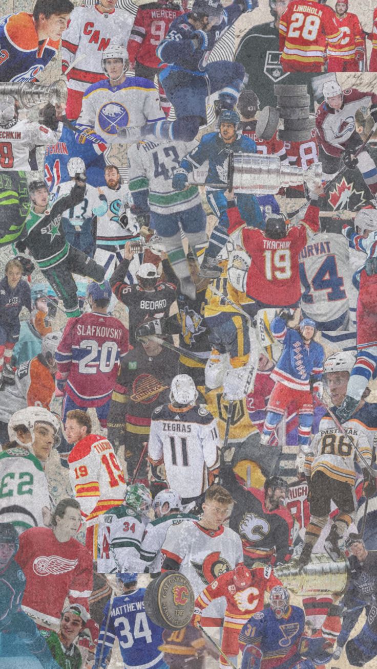 a large collage of hockey players and their names on the side of a building