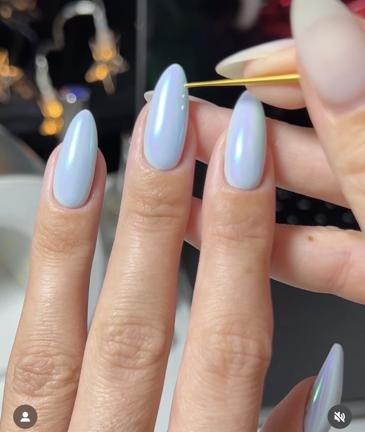 Pale Blue Glazed Donut Nails, Short Oval Nails Ideas Blue, Milky Blue Chrome Nails, Blue Frosted Nails, Blueberry Glaze Nails, Light Blue Glazed Donut Nails, Pale Blue Nails Almond, Blue Frost Nails, Cloudy Blue Nails