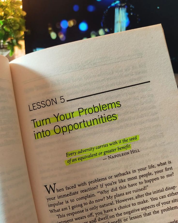 an open book with the title lesson 5 turn your problems into opportuniities