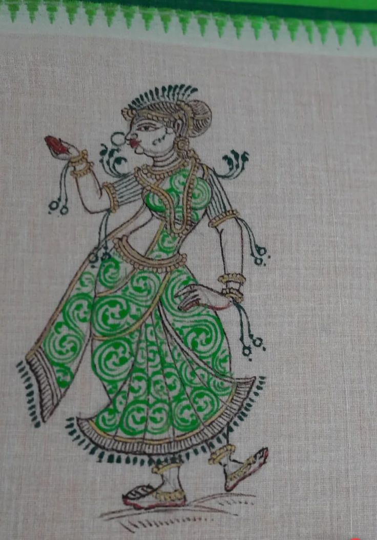 an embroidered cloth with a woman in green and white dress holding a flower on it