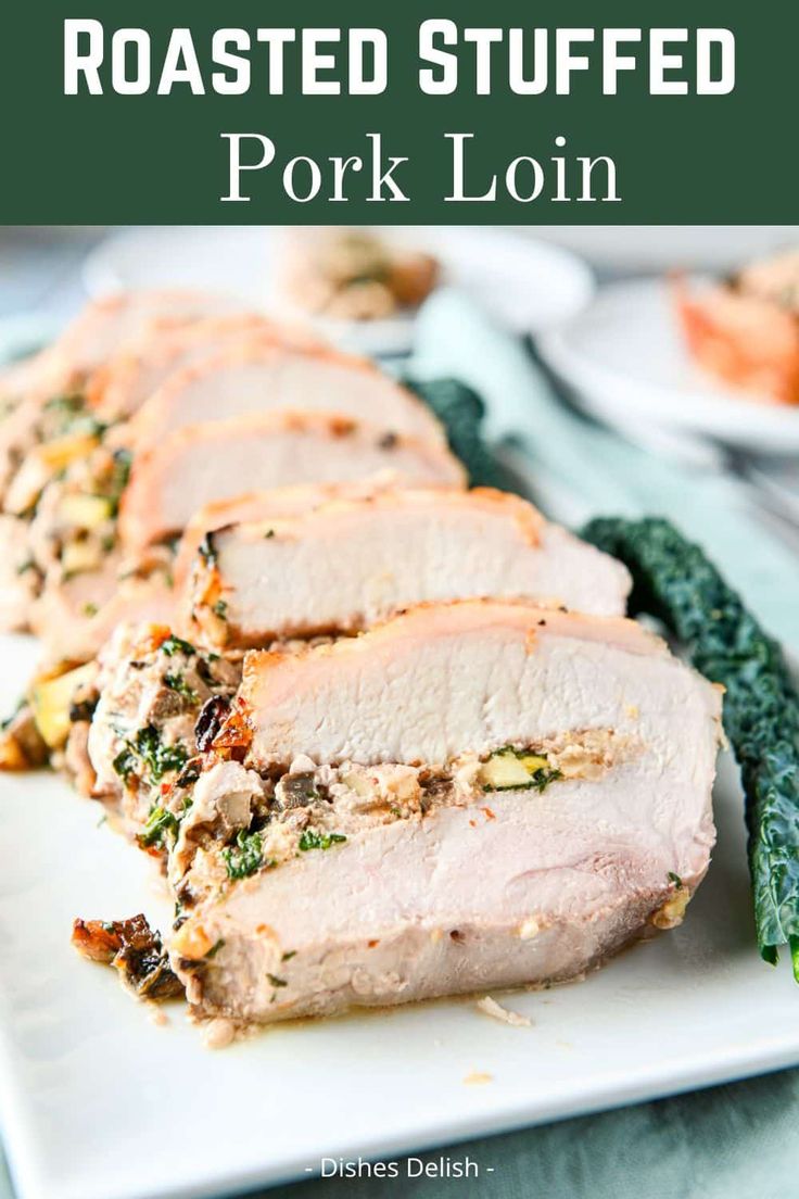 sliced pork loin on a white plate with broccoli