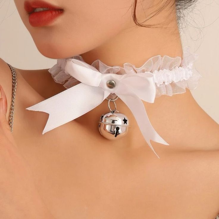 This Cute Bell Choker Is A Wonderful Addition To Your Wardrobe And Your Style! A Pretty And Unique Wear! Great For Fancy Events, Halloween, Cosplay, Festivals, Or Anytime! Gsun2y50x0005j9-1 Gshmv000q0006ap-1 Bell Choker, Bow Choker, Heart Costume, Silhouette Necklace, White Choker, Abstract Pendant, Cute Ribbon, Velvet Choker Necklaces, Ribbon Choker