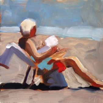 a painting of two people sitting on the beach