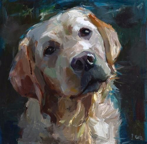 a painting of a white dog on a blue background