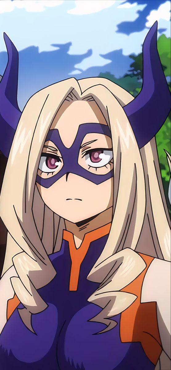 an anime character with horns on her head and long blonde hair wearing a purple mask