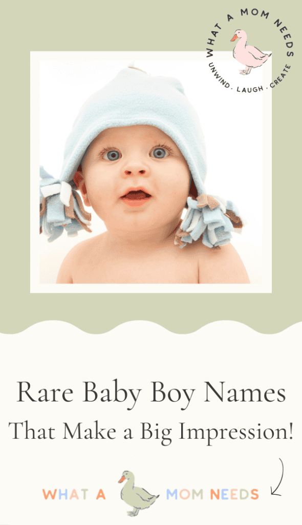 a baby wearing a blue hat with the words rare baby boy names that make a big impression