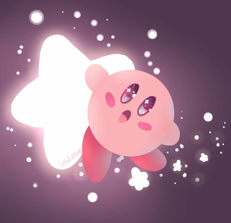 a pink teddy bear floating in the air with bubbles around it's head and eyes