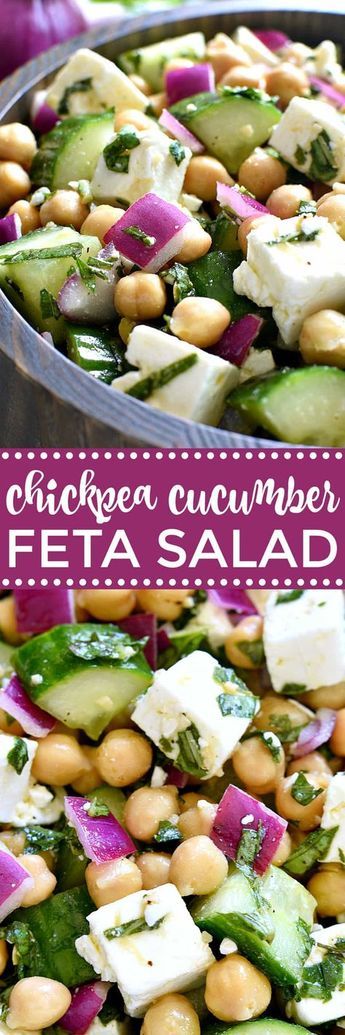 chickpea cucumber, feta salad with red onions and spinach