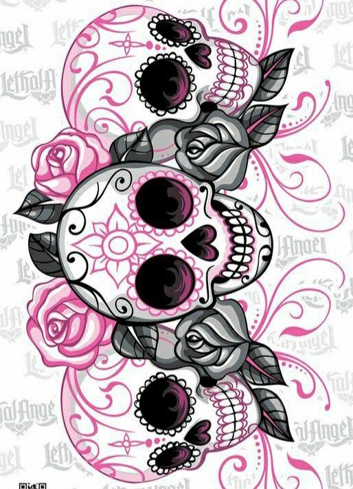 a pink and black sugar skull with roses on it's side, in front of a white background