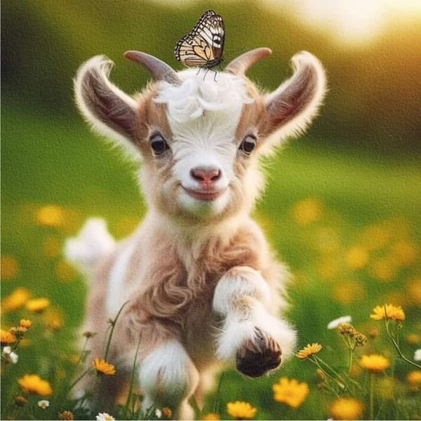 a baby goat with a butterfly on it's head in a field of flowers