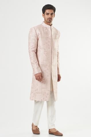 Blush pink sherwani in silk base with floral embroidery. Comes with a pant. - Aza Fashions Designer Pink Sherwani, Pink Sherwani, Sherwani For Men, Pink Floral Pattern, Pink Men, Pink Silk, Embroidered Silk, Mandarin Collar, Modern Bride