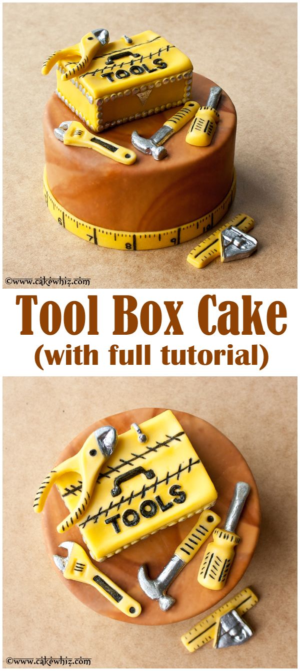 a cake that has tools on it and the words tool box cake with full instructions