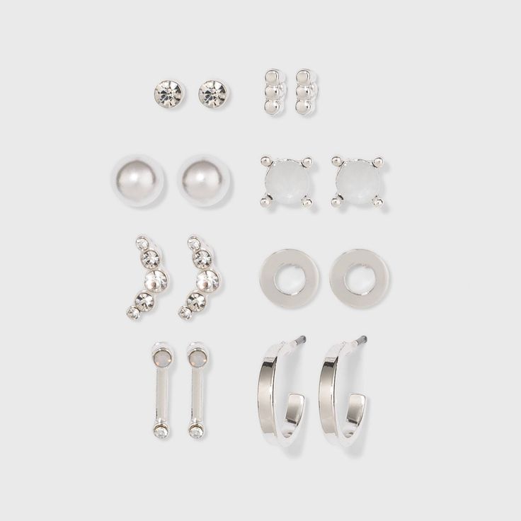 Zinc Stud Earring Set 8pc- A New Day Silver, Women's, MultiColored Silver Earrings Pack, Silver Earrings Set, Earrings Pack, Earring Sets, Nickel Free Earrings, Butterfly Earrings Stud, Bar Studs, Opal Earrings Stud, Ear Cuff Earings