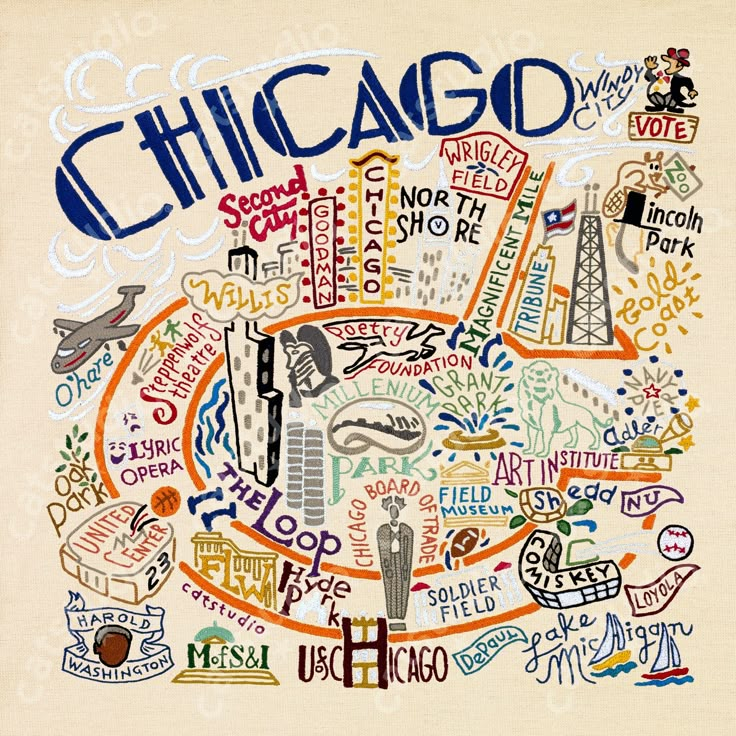 Chicago Fine Art Print Art Print catstudio Chicago Poster Aesthetic, Vintage Chicago Poster, Retro Chicago Poster, Chicago Doodles, Chicago Apartment Aesthetic, Downtown Chicago Aesthetic, Chicago Collage, Chicago Watercolor, Chicago Illustration