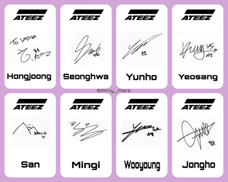 six different autographs are shown in black and white, with the names on them