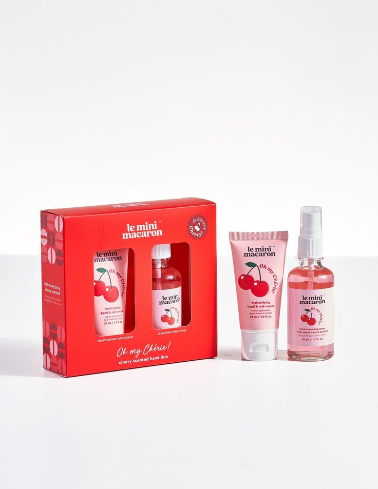 Oh My Chérie - Cherry Scented Hand Duo - Le Mini Macaron Remove Gel Polish, Hand & Foot Cream, Cleansing Spray, Mini Macaron, Nail Stamper, Nail Care Routine, Pearl Powder, Macadamia Oil, Foot Cream