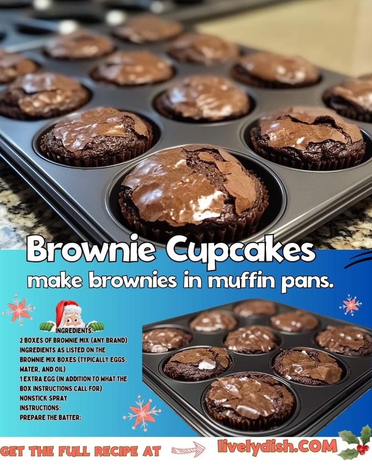 an advertisement for brownie cupcakes with chocolate frosting on top and in a muffin pan