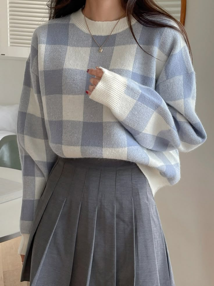 Blue and White Casual  Long Sleeve Acrylic Gingham Pullovers Embellished Slight Stretch Spring/Fall Women Knitwear Korean Casual Outfits, Easy Trendy Outfits, Really Cute Outfits, Korean Outfits, Casual Style Outfits, Soft Girl, Outfits Casuales, Clothes Ideas, Aesthetic Outfits