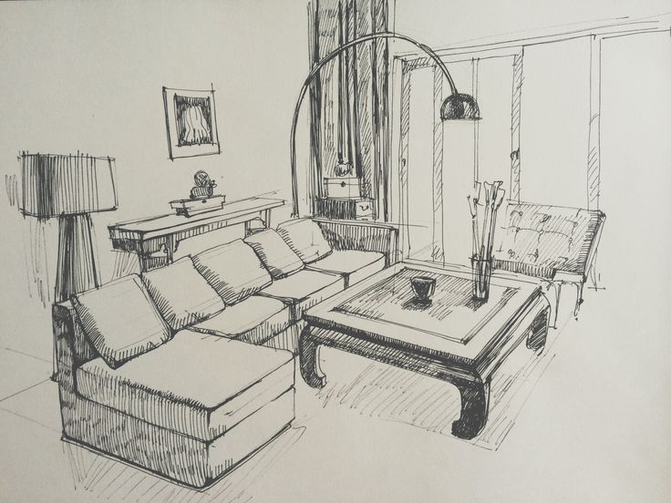 a drawing of a living room with couches and tables