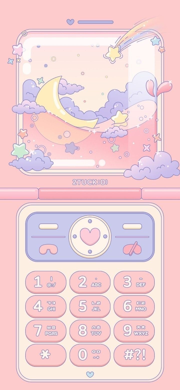 a pink phone with clouds and stars on the screen, next to it is an image of