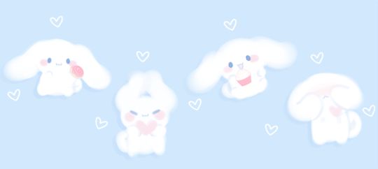 four white poodles with hearts in the sky and one has its mouth open