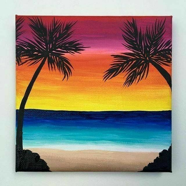 an acrylic painting of two palm trees in front of the ocean at sunset